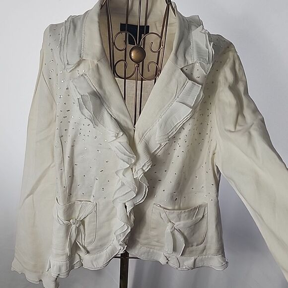 Linen Cotton Blend Ruffled Sequin Jacket Blazer Creamy White Size 16 - Picture 2 of 11